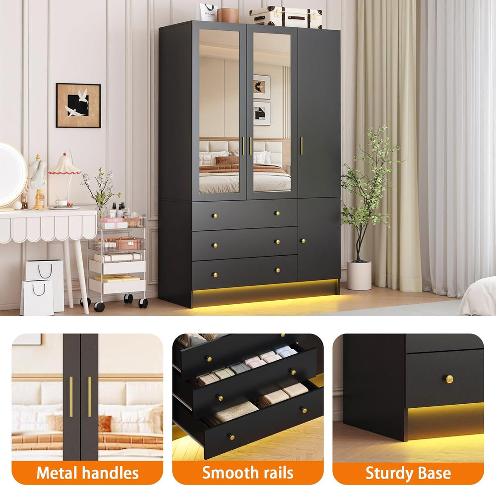3 Doors LED Armoire Wardrobe Closet with Mirror, 75" Tall Modern Wooden ...