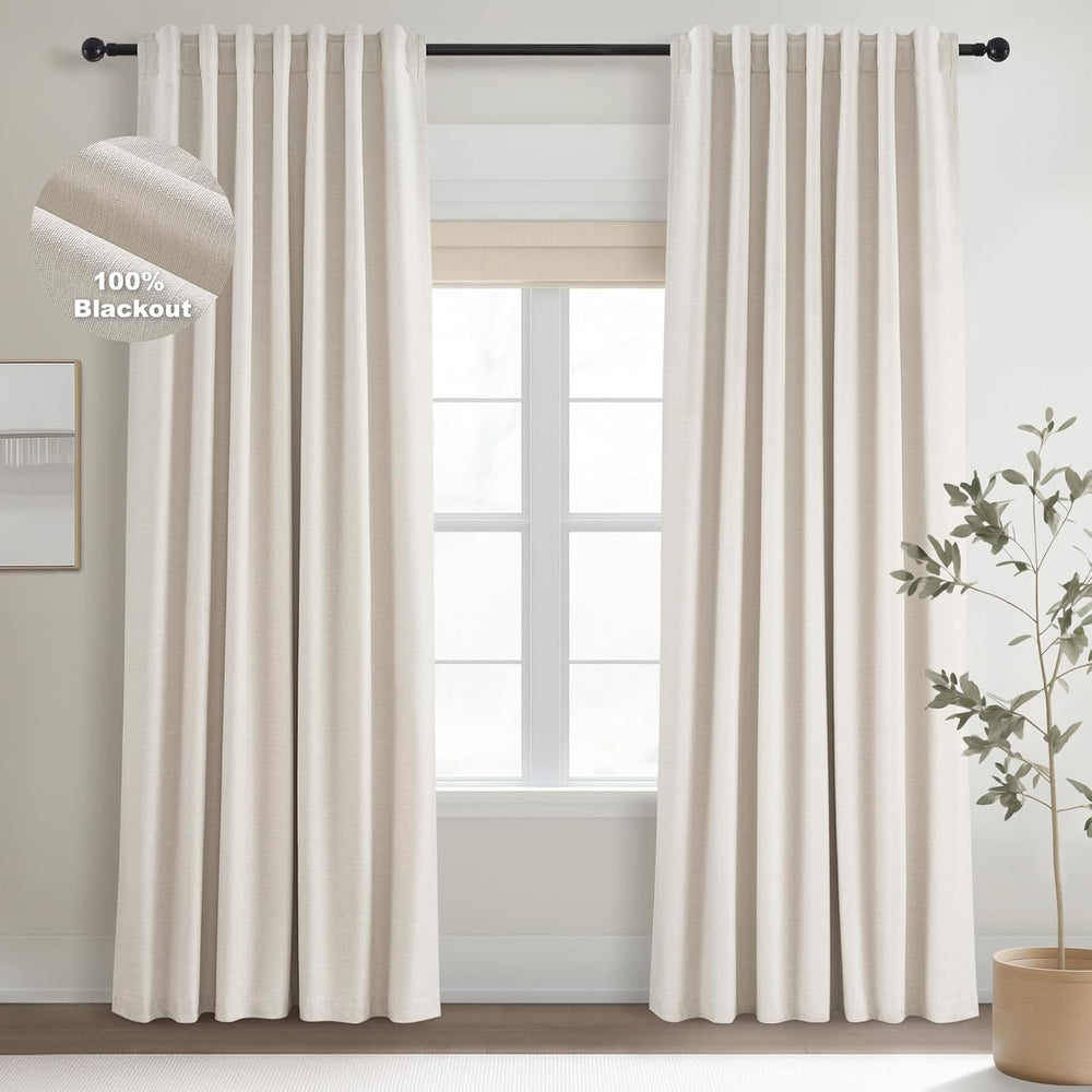 Topfinel Linen Blackout Curtains 96 Inch Long, Boho Farmhouse Ivory Birch Vir...