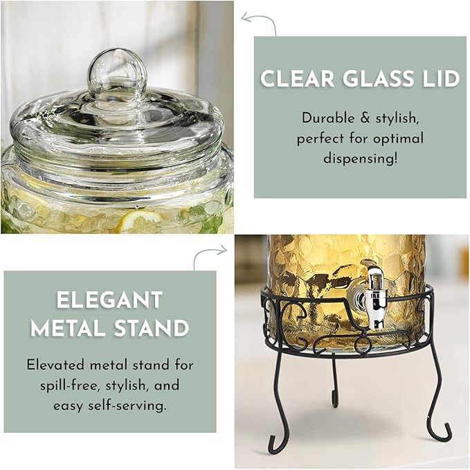 2 PACK 1.5 Gallon Drink dispenser, Classic Hammered Glass Beverage Dispenser - Image 4