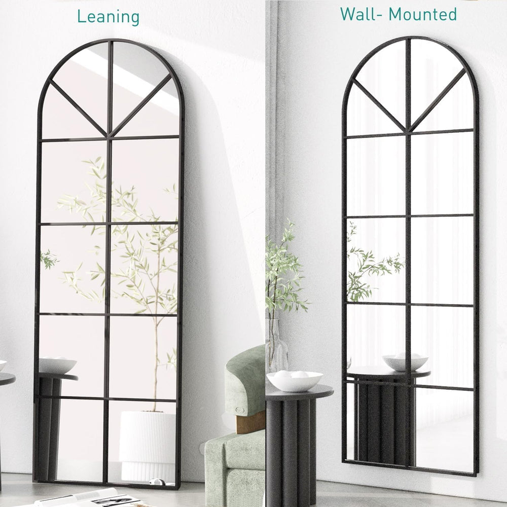 Windowpane Full Length Mirror, 65×22" Black Arch Body Wall Mirror