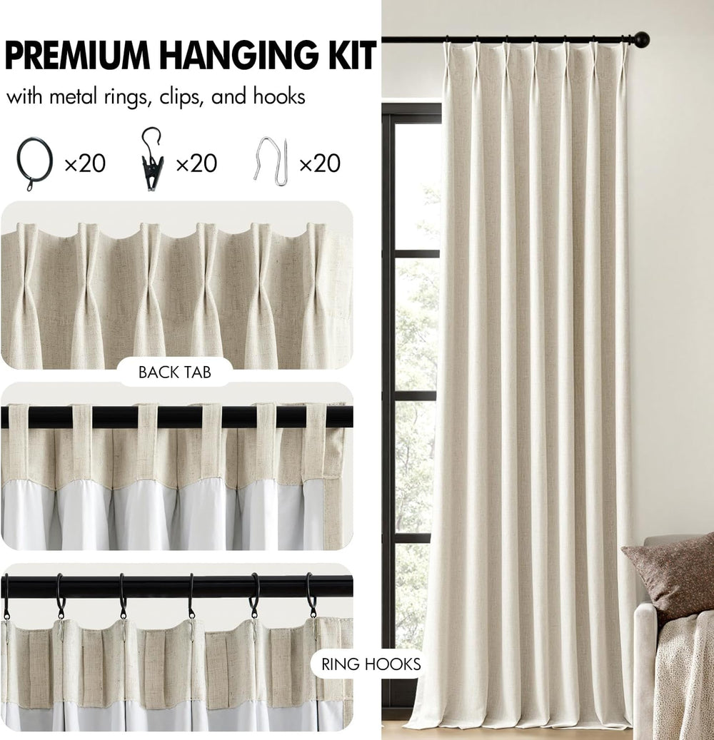 MIULEE Linen Pinch Pleated 100% Blackout Linen Curtains 40x108 Inches