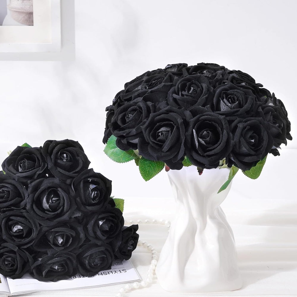 50Pcs Black Roses Artificial Flowers, Real Touch Velvet Fake Roses Bouquet