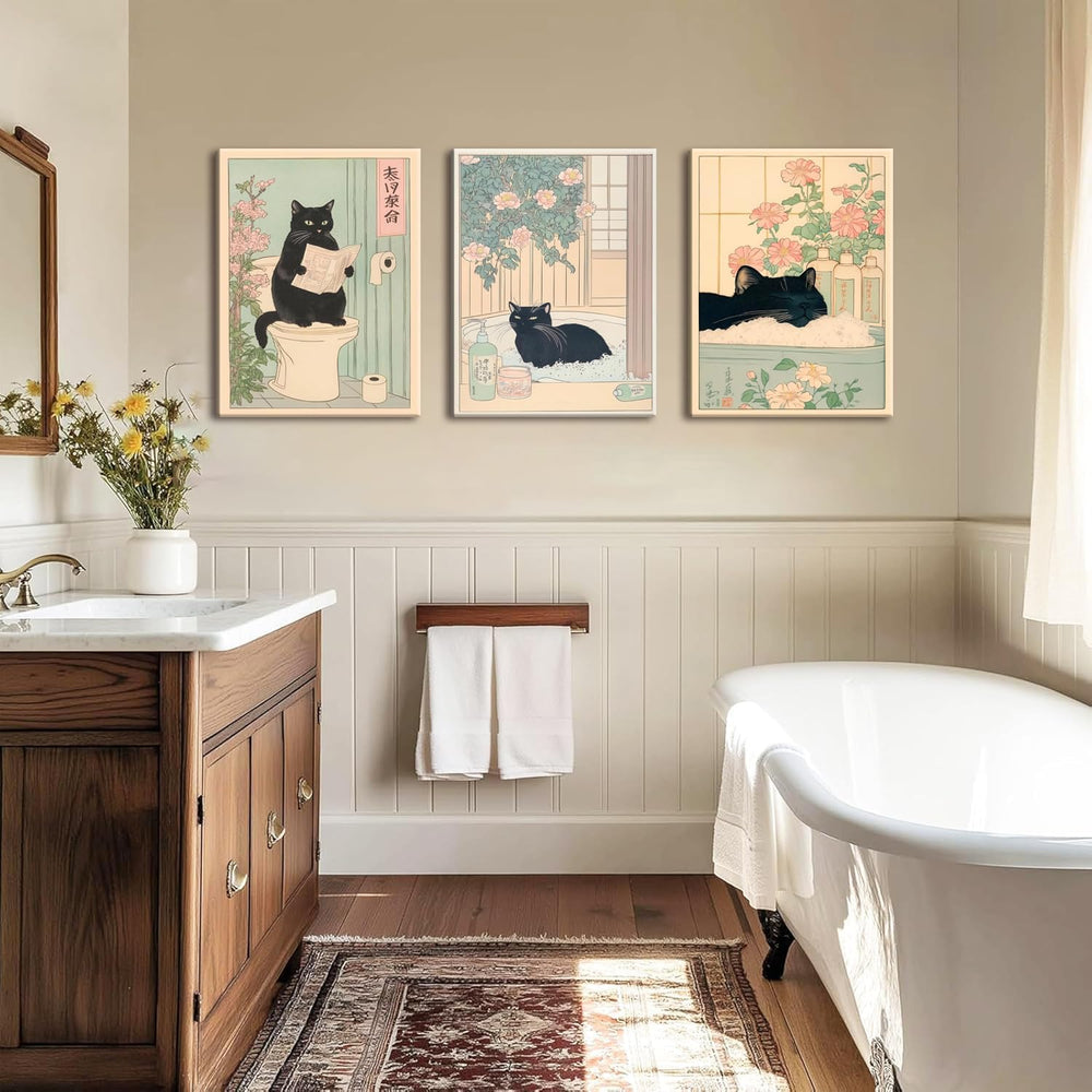 Funny Bathroom Wall Art Set of 3, Japanese Cute Black Cat Wall Decor Painting...
