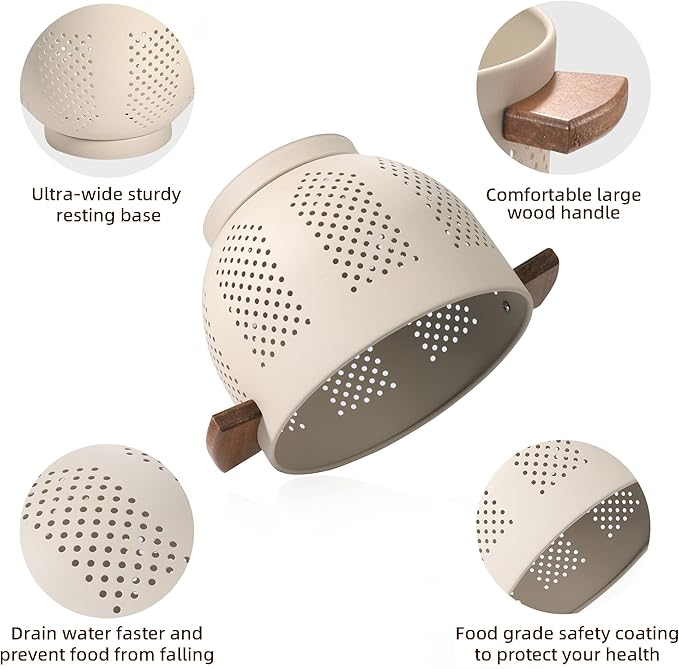 Metal Colander with Wood Handle and Stable Base, Powder Coated Steel Kitchen - Image 5
