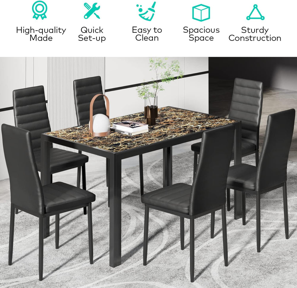 Gizoon Marble 7 Piece Glass Dining Table Set, Kitchen Table and Chairs Set