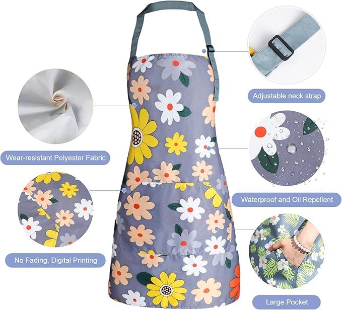Apron for Women with Pockets, Adjustable Waterproof Floral Chef Aprons for - Image 2