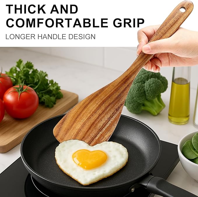 8 Pcs Best Non Toxic Kitchen Utensil Set Teak Wooden Cooking Spoons Nonstick - Image 3