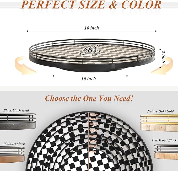 16" Black and White Kitchen Lazy Susan Turntable, Round Checkered Decorative - Image 6
