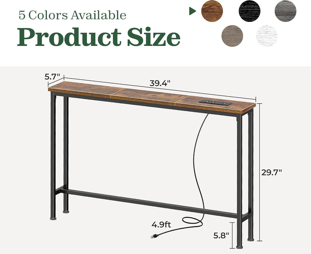 SUPERJARE 39.4 inch Narrow Behind Couch Table with Charging Stations