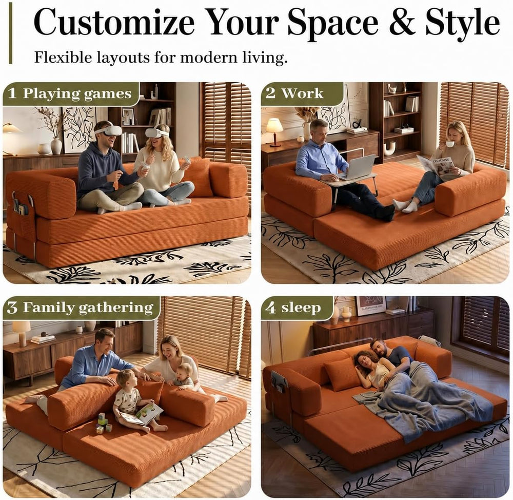 Folding Sofa Bed Convertable Corduroy Couch King Size Floor Sleeper 4-in-1 DI...