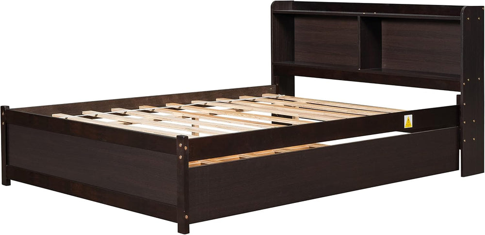 Bellemave Full Size Bed Frame with Trundle Bed and Bookcase, Espresso