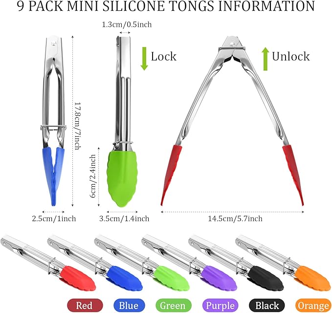 6 Pieces 7 Inch Mini Silicone Tip Tongs Kitchen Serving Tongs Small Metal - Image 3