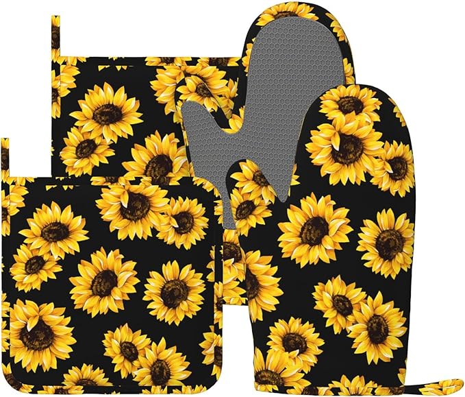 Pretty Sunflower Stylish Oven Mitts and Pot Holders Sets of 4, Heat Resistant by Echoserein