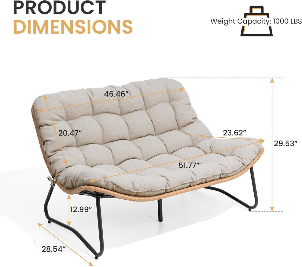 Outdoor Loveseat, Boho Rattan Patio Couch with Soft Cushion (Beige)