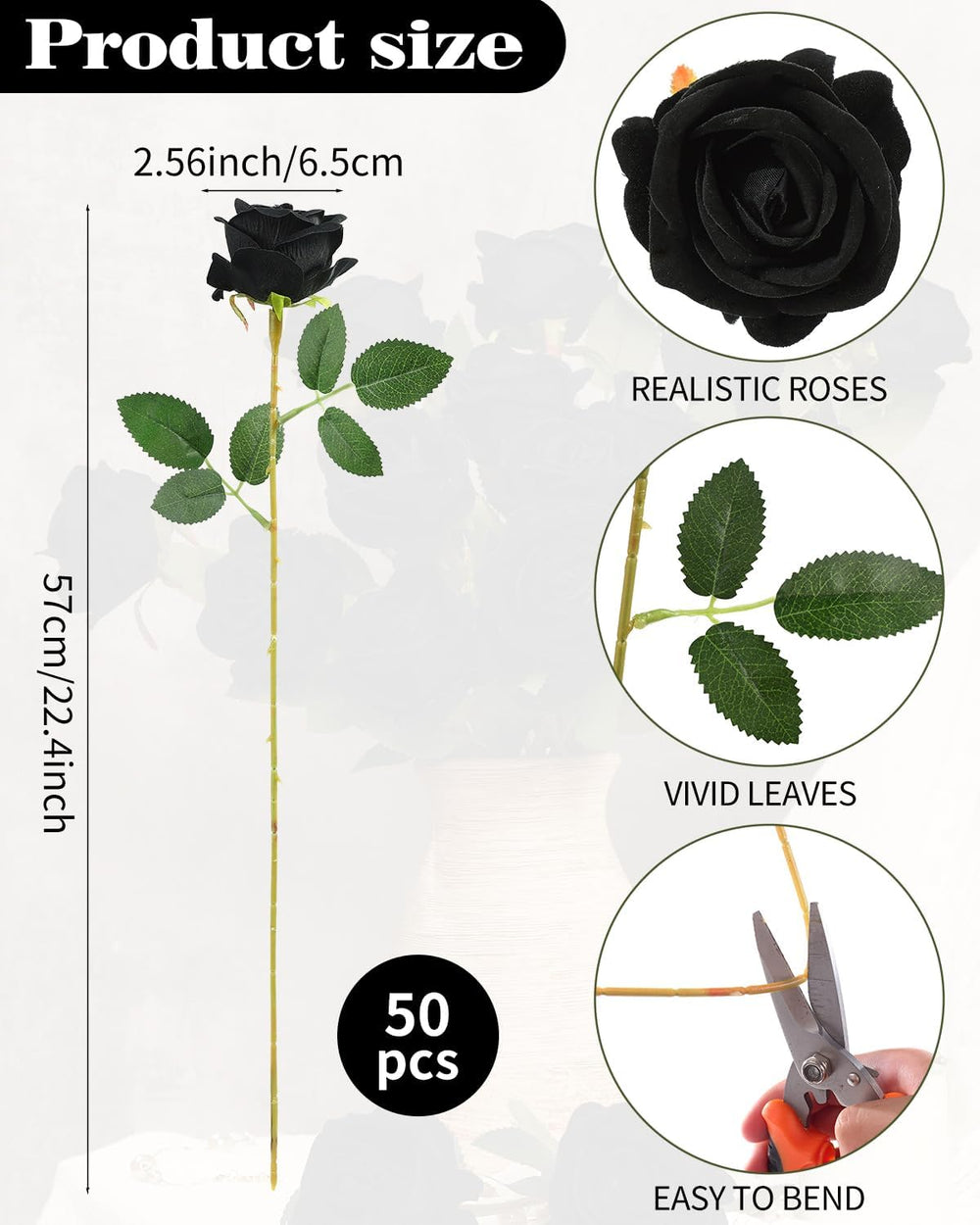Coferset 50pcs Velvet Artificial Roses Flowers in Bulk,Black