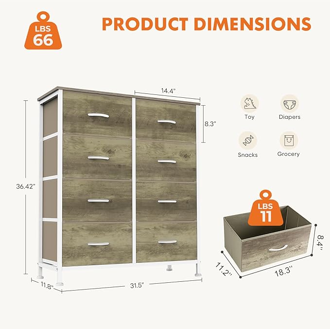 Sweetcrispy 8 Drawer Dresser for Bedroom Large Fabric Storage Tower Organizer