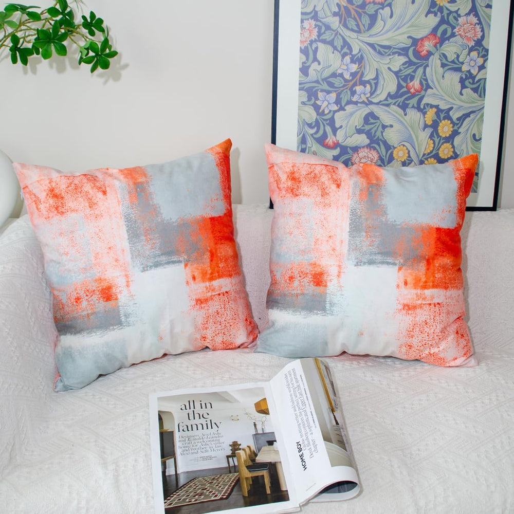 Cushion Cover 40 x 40 cm, Orange Grey White Cushion Covers, Set of 2, Decorat...