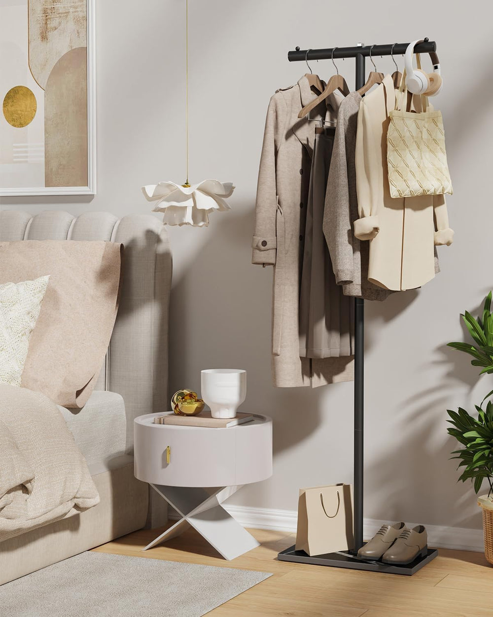 T-shaped Coat Rack Freestanding, Modern Clothes Rack with Rock Slab Base, Hea...