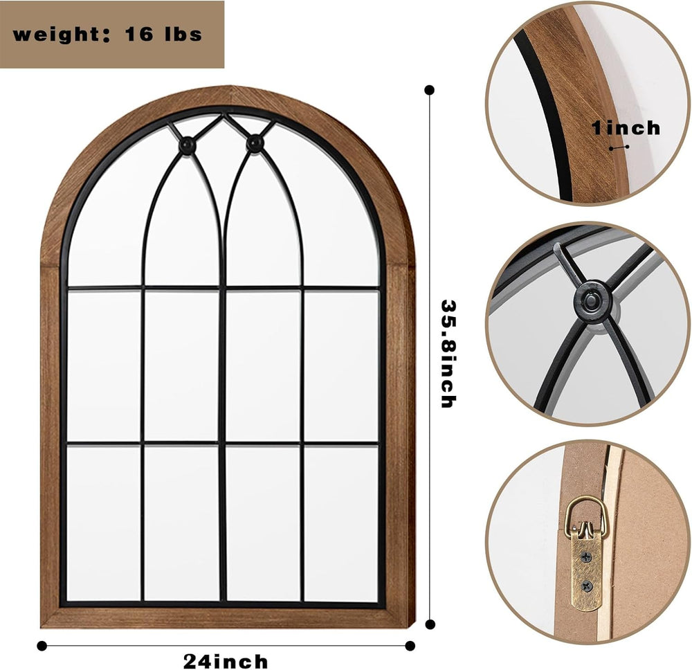 blue page Arched Window Pane Mirror 36x24 Inch Wood Frame, Window Brown