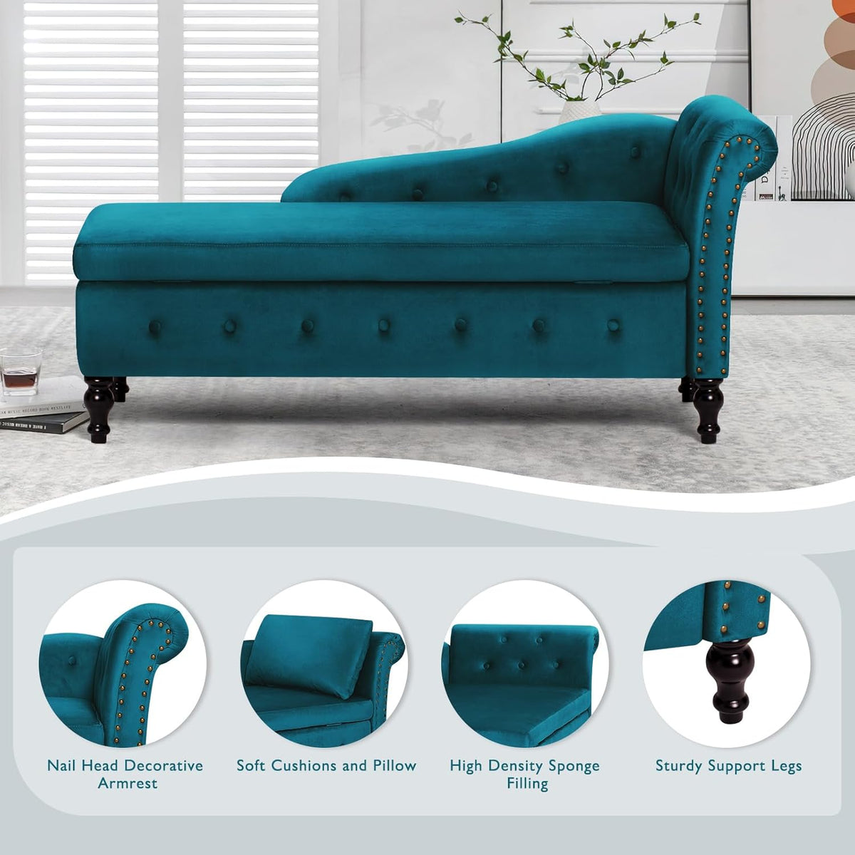 velvet chaise lounge w/right armrest & storage space shown in use