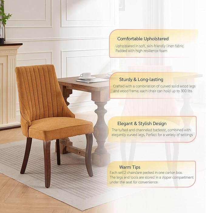 Linen Dining Chairs Set of 6,Comfy Fabric Upholstered Accent Chairs for Kitch...