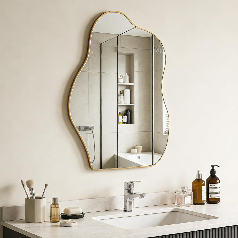 Irregular Asymmetrical Wall Mirror, 28x20 Inch Gold Bathroom Mirror