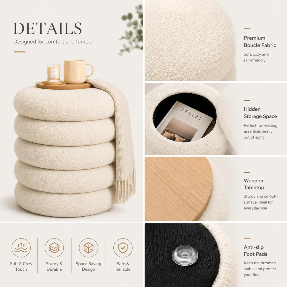 Wimarsbon Round Storage Ottoman, Modern Sherpa Footstool, Teddy Vanity Stool ...