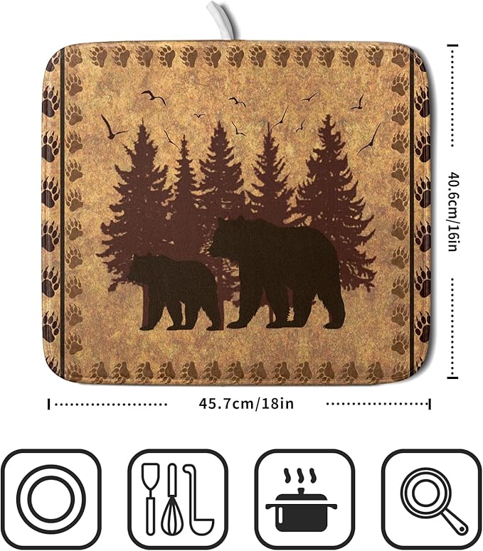 Giwawa 16"x18" Brown Bear Dish Drying Mat Rustic Forest Wildlife Woodland Dish - Image 2