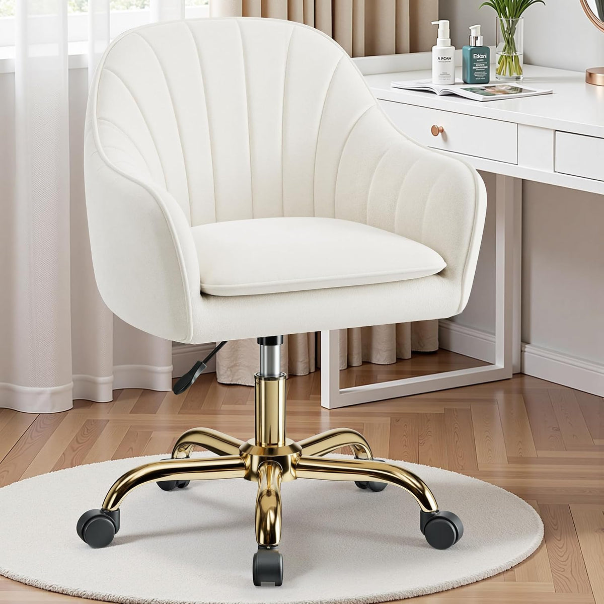 vanity chair with wheels, comfy home office desk shown in use