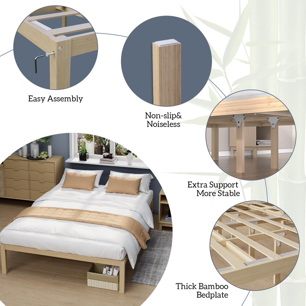 Bamboo Bed Frame Classic 12-Inch Solid Platform Bed with Wooden Slats (Nature...