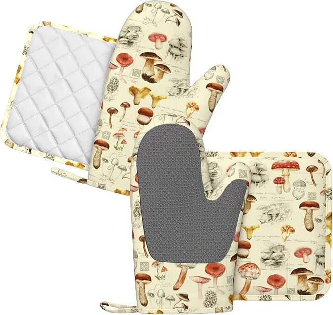 Mushroom Oven Mitts and Pot Holders Sets Silicone Vintage Mushrooms Kitchen - Image 2