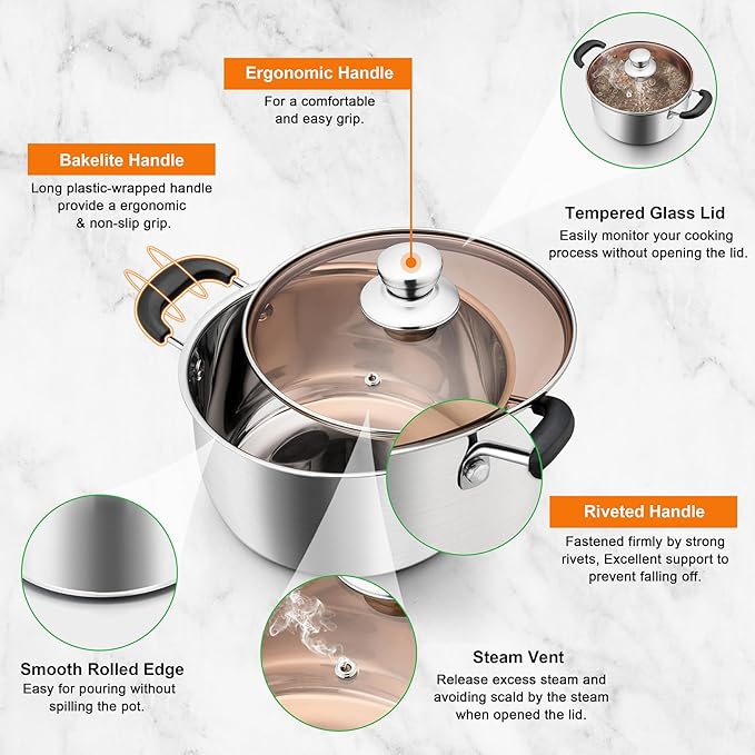 P&P CHEF 4 Qt Stockpot with Lid, Stainless Steel Cooking Stock Pot - Image 3