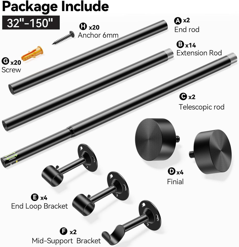 YaFex 2 Pack Heavy Duty Curtain Rods 32-150 Inch, 1 Inch Adjustable Black Cur...