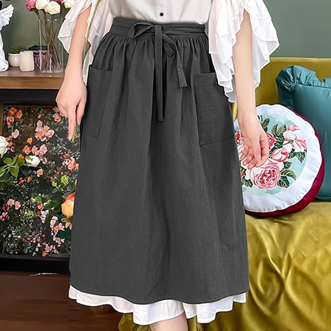 Cotton Linen Half Apron for Women Vintage Waist Apron Ruffle Plain Bright Color - Image 2