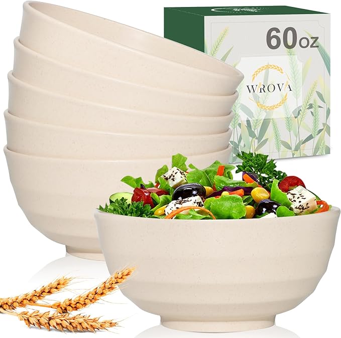 Wrova Wheat Straw Bowls Set 60 OZ, Unbreakable Large Beige Bowls Set of 6 by WROVA