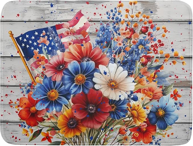 4th of July Dish Drying Mat 18x24 inch Patriotic Floral Fast Dry Microfiber by Giwawa