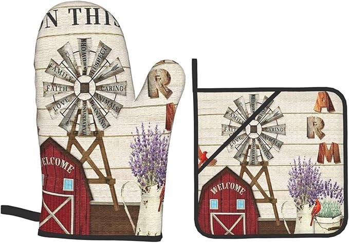 Oven Mitts and Pot Holders Sets of 4, Farmhouse Windmill and Barn House - Image 9