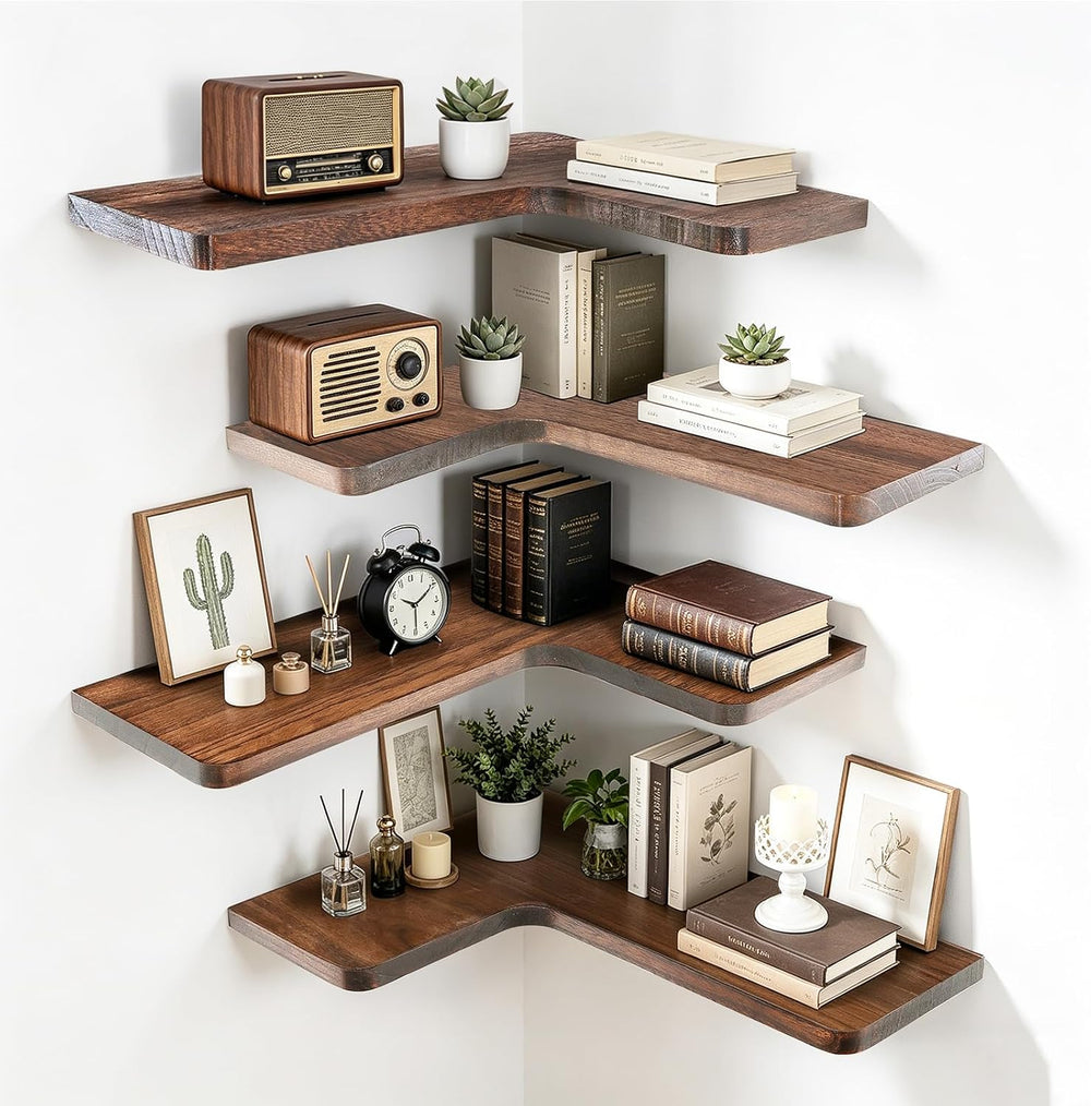 Solid Wood Corner Floating Shelves, L-Shaped, Brown, Set of 4