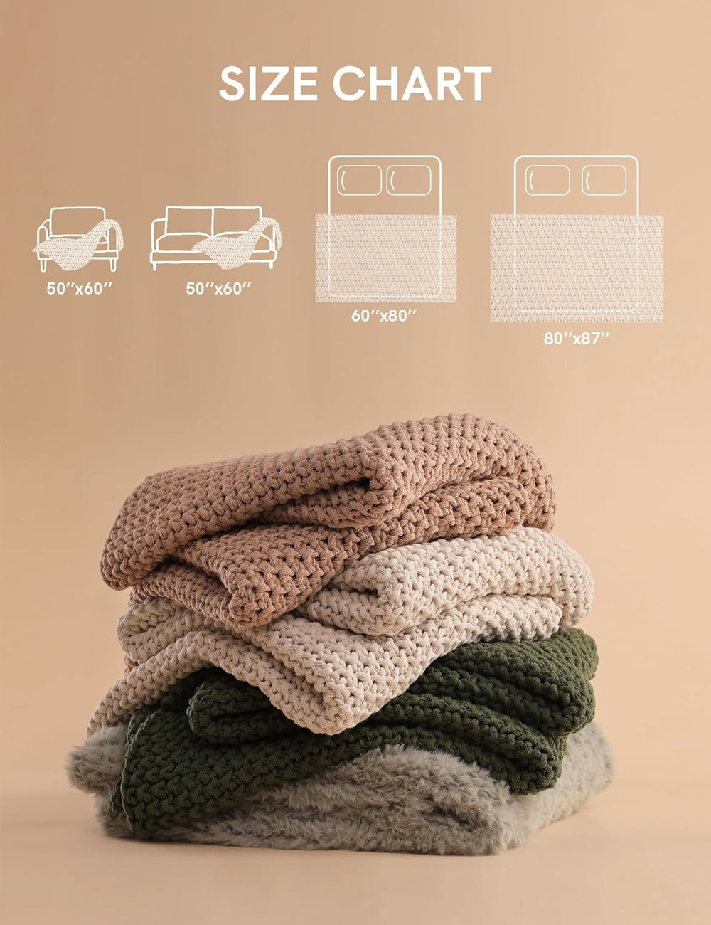 YnM Chunky Cotton Knit Throw Blanket, Cable Knit Throws for Bed Couch Sofa, C...