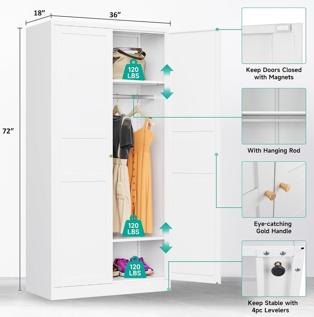 Metal Wardrobe Cabinet with Hanging Rod,White Armoire Wardrobe Closet,Metal C...