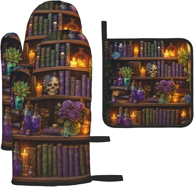 Witch Gothic Oven Mitts and Pot Holders Sets, Witchy Wicca Skull Baking Glovers by Unknown