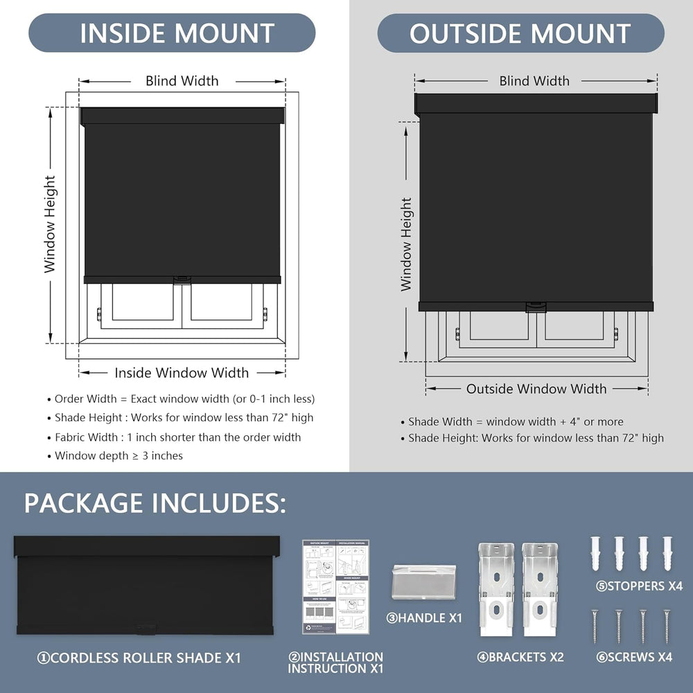 AOSKY Cordless Blackout Roller Shades, 34" W x 72" H, Black