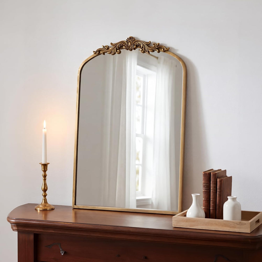 Vintage Mirror, 35" X 24" Gold Arched Antique Baroque Wall Mirror