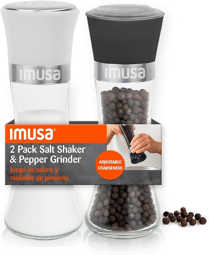 IMUSA Salt Shaker and Pepper Grinder Set – 2 Pack Glass Salt Shaker and Pepper by BestBrands