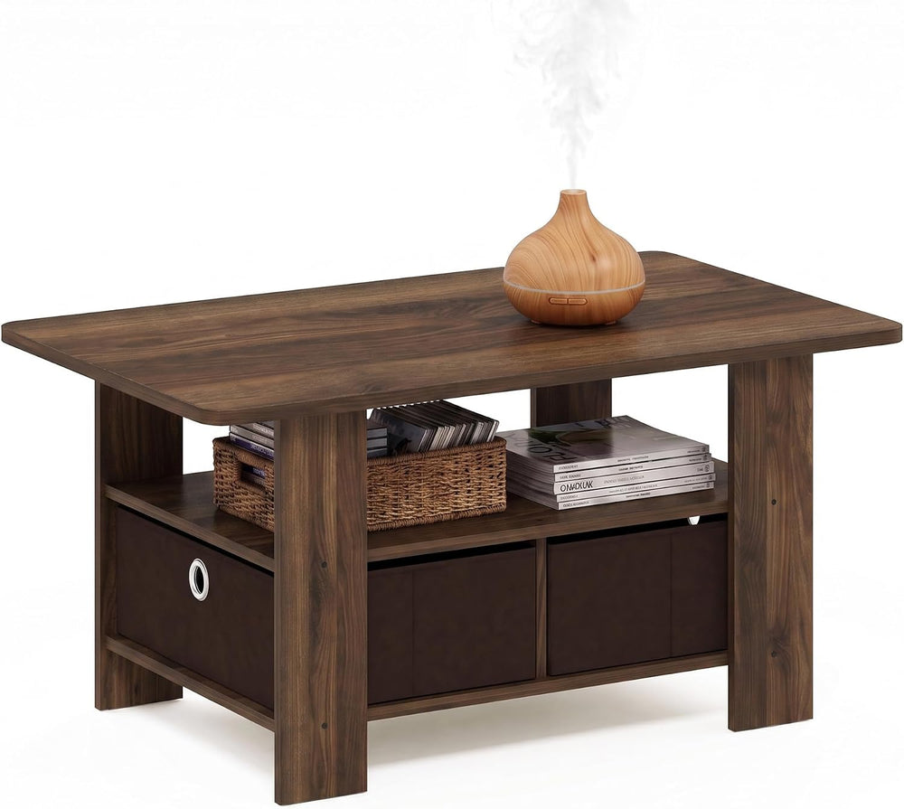 Furinno Andrey Coffee Table with Bin Drawer, Columbia Walnut/Dark Brown