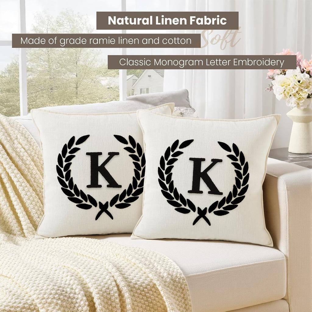 Pack of 2 Chenille Initials Pillowcases 18x18 inch Cream White | Bohemian Farmhouse Neutral Personalized First Letter Embroidery Cushion pillow Soft Sofa Bedrooms Living Room Home Decoration