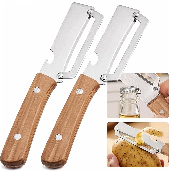 2 Pack Vegetable Peeler, with Wooden Handle & Bottle Opener, Stainless Steel by UPABLUNSO