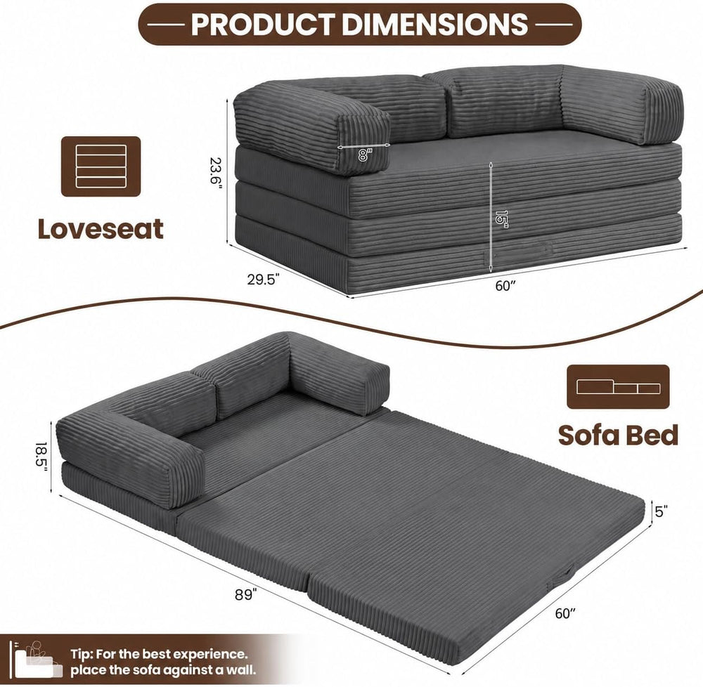 5-in-1 Convertible Sofa Bed,60" Boneless Couch with Pull Out Bed,Tri-Fol...