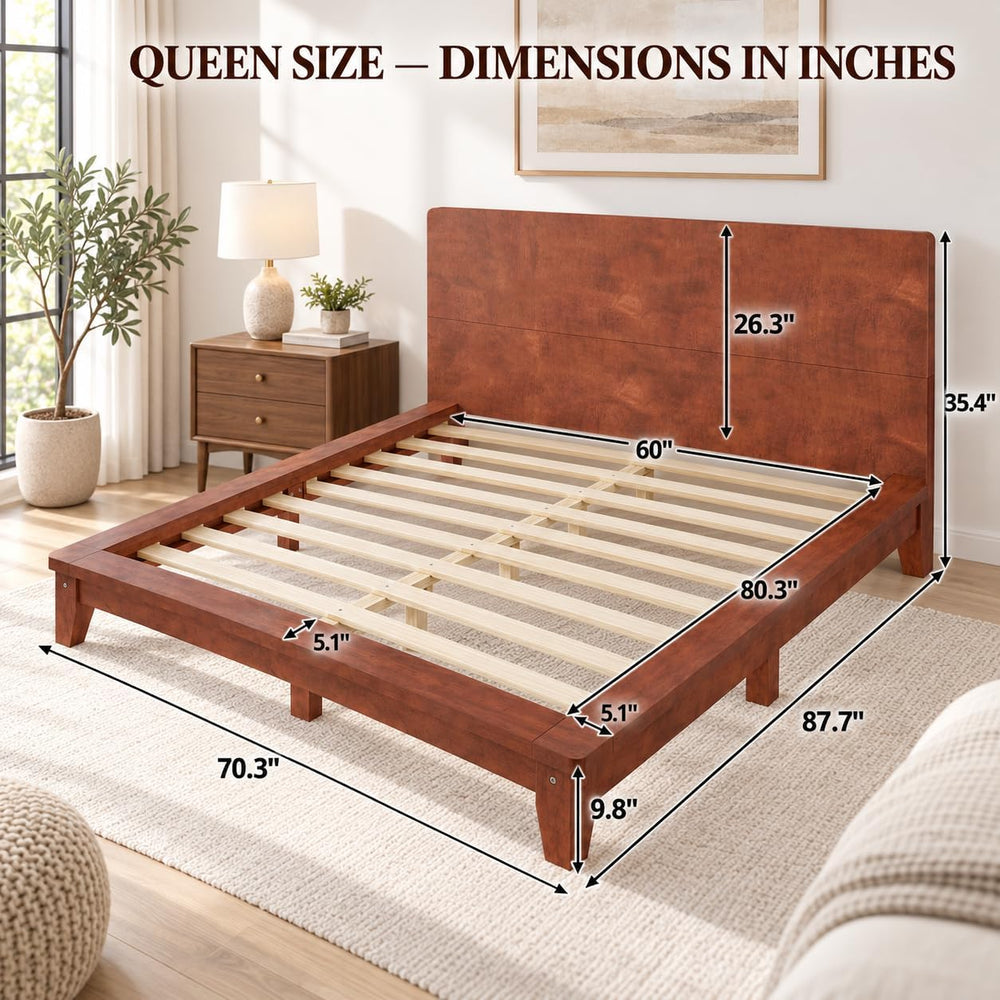 Queen Size Japanese Wooden Bed Frame with Brown Headboard
