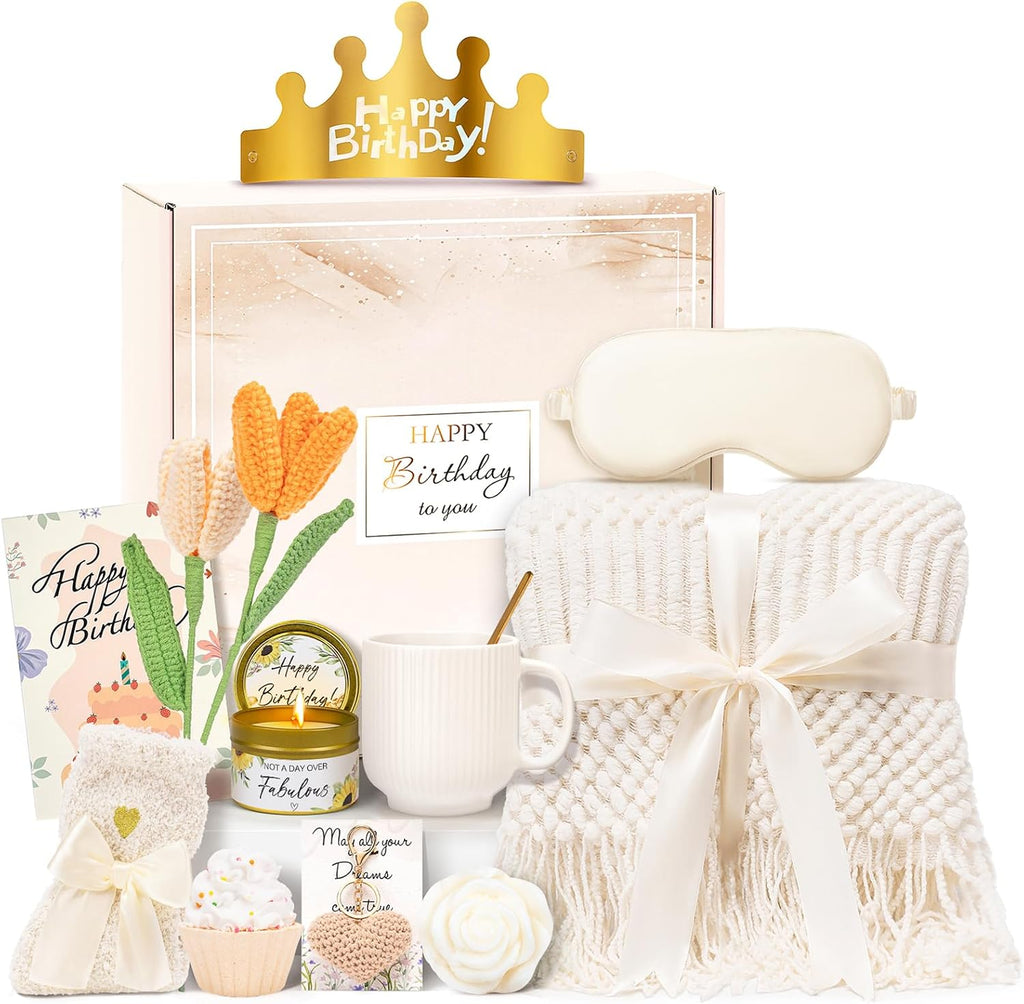 Birthday Gifts for Women - 13PCS Unique Happy Birthday Easter Gifts Basket for Mom Her Best Friend Sister Wife Girlfriend Coworker - Relaxing Spa Self Care Package Mothers Day Set (Beige)